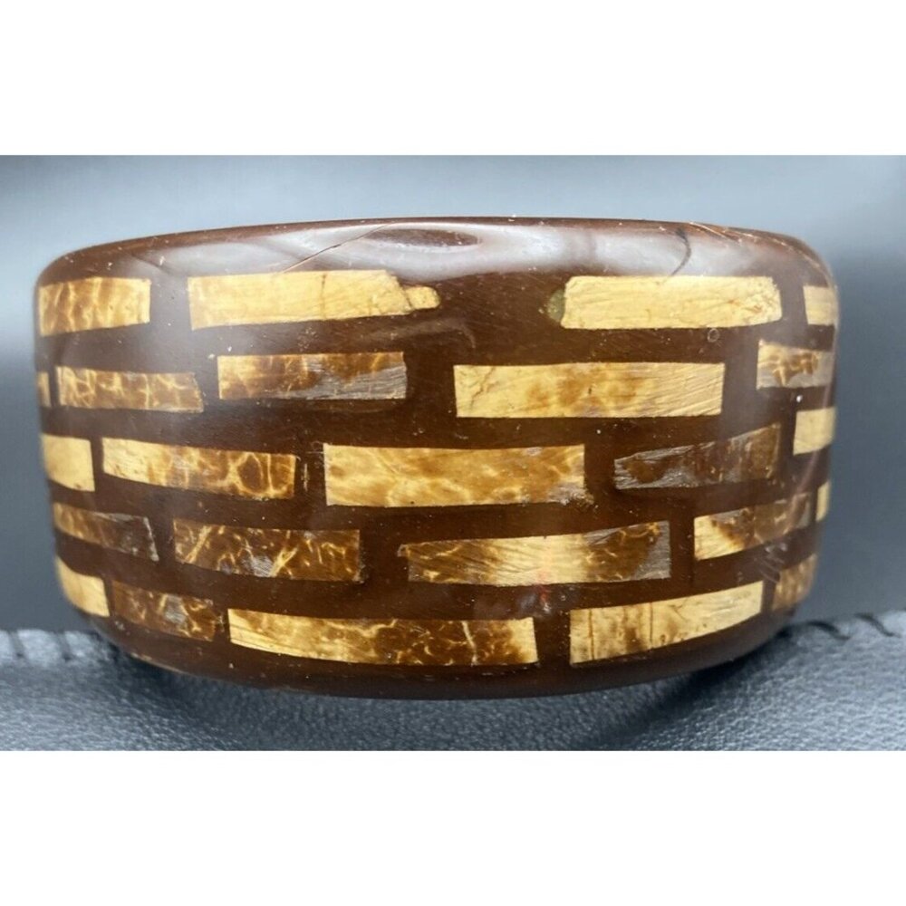 Signed Kenneth Lane Bangle Bracelet  1.5" Wide Inlaid Burled Chunky Wood 8" LOOK - Picture 8 of 15
